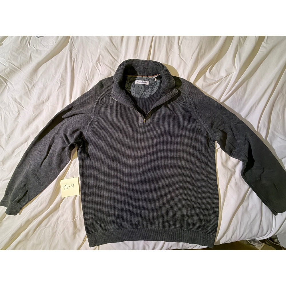 Tommy Bahama Mens Large Gray Waffle Knit Quarter Zip Pullover Sweater T11-14